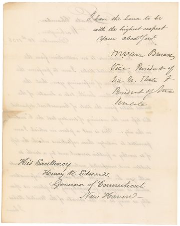 Lot #20 Martin Van Buren: Choice free-franked letter informing Connecticut’s governor of the death of a senator, urgently requesting an appointment to the vacancy - Image 2