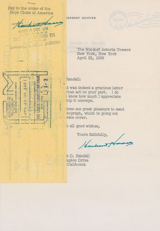 Lot #131 Herbert Hoover Typed Letter Signed and Check - Image 1
