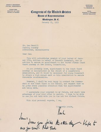 Lot #91 John F. Kennedy: Rare twice-signed 1952 letter on an ?appointment to the Coast Guard Academy? - Image 1