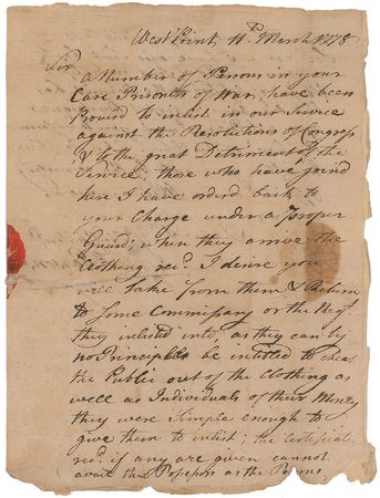 Lot #361 Samuel H. Parsons: “The Recruit has but one arm, a perfect Burlesque upon a Soldier” - Image 1
