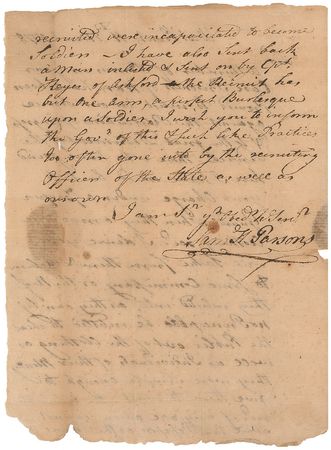 Lot #361 Samuel H. Parsons: “The Recruit has but one arm, a perfect Burlesque upon a Soldier” - Image 2
