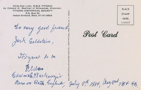 Lot #319 Titanic: Edwina MacKenzie Postcard - Image 1