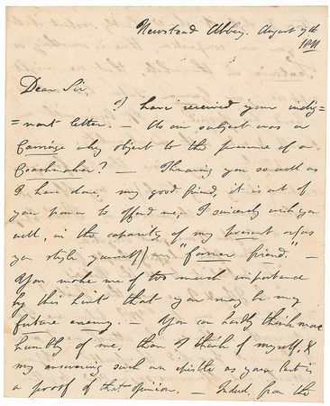 Lot #593 Lord Byron: Lord Byron lashes out against a ?former friend???You are not aware that my Mother lies dead in the very Chamber where you slept? - Image 1