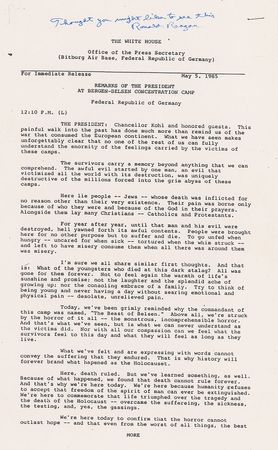 Lot #101 Ronald Reagan: Emotional speech given at the Bergen-Belsen concentration camp: “Somewhere here lies Anne Frank” - Image 1