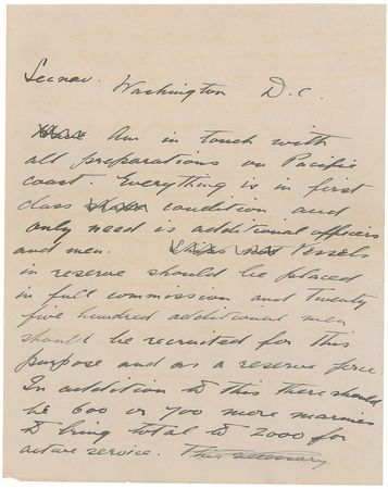 Lot #77 Franklin D. Roosevelt: FDR plans for war with Mexico: “Am in touch with all preparations on Pacific coast. Everything is in first class shape” - Image 1