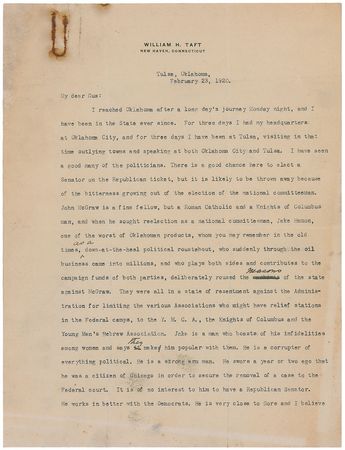 Lot #69 William H. Taft: ?Harding in all these states is a dark horse, with an opportunity? - Image 1