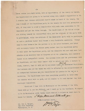 Lot #69 William H. Taft: ?Harding in all these states is a dark horse, with an opportunity? - Image 3