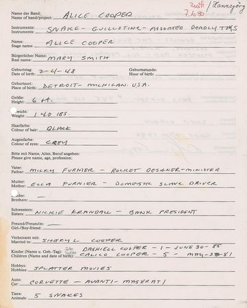 Lot #762 Alice Cooper: The shock rocker?s instruments declared for German customs: ?Snake?Guillotine?Assorted Deadly Toys? - Image 1