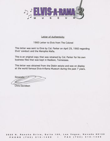 Lot #729 Elvis Presley: Colonel Tom Parker Typed Letter Signed - Image 3