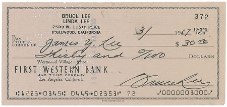 Lot #827 Bruce Lee: Rare check to his martial arts mentor - Image 1