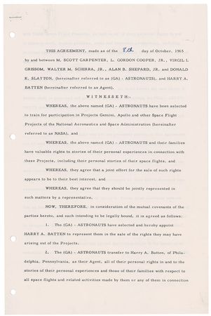 Lot #431 Mercury Astronauts: Grissom and fellow Mercury astronauts secure a literary agent in 1965 - Image 2