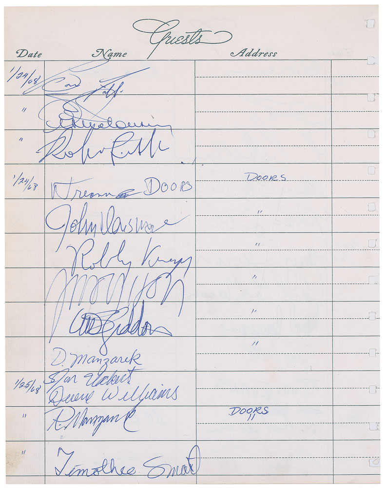 Lot 643 The Doors: The Doors’ sign-in sheet for a 1968 Waiting for the Sun recording session