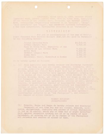Lot #758 Marx Brothers: Using their legal names, the four surviving Marx Brothers settle with Paramount on Horse Feathers and Monkey Business - Image 2