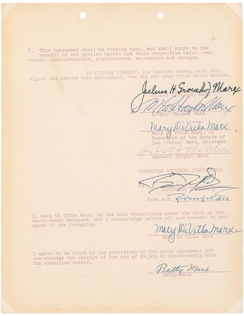 Lot #758 Marx Brothers: Using their legal names, the four surviving Marx Brothers settle with Paramount on Horse Feathers and Monkey Business - Image 1