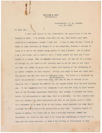 Lot #46 William H. Taft: Taft’s “critical attitude toward the President” is exposed, undermining the League of Nations - Image 1