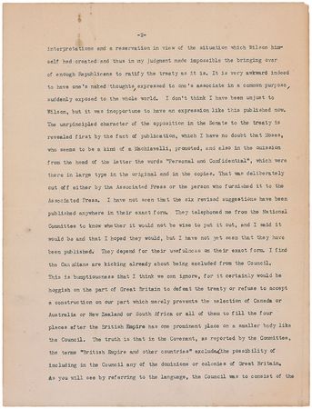 Lot #46 William H. Taft: Taft’s “critical attitude toward the President” is exposed, undermining the League of Nations - Image 2
