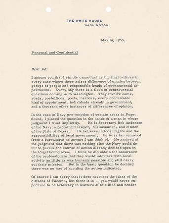 Lot #61 Dwight D. Eisenhower: “I simply cannot act as the final referee in every case where there arises difference of opinion” - Image 1