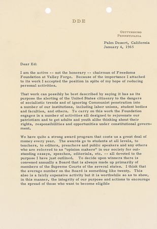 Lot #62 Dwight D. Eisenhower: ?The dangers of socialistic trends and of ignoring Communist penetration? - Image 1