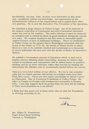 Lot #62 Dwight D. Eisenhower: ?The dangers of socialistic trends and of ignoring Communist penetration? - Image 2