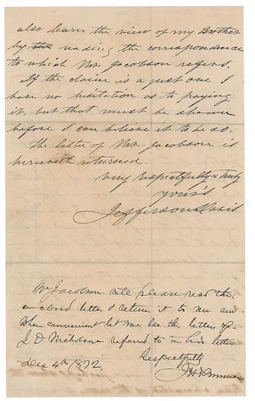 Lot #315 Jefferson Davis: ?I was then a school boy,? responding to a decades-old legal case, but ?if the claim is a just one I have no hesitation as to paying it? - Image 2