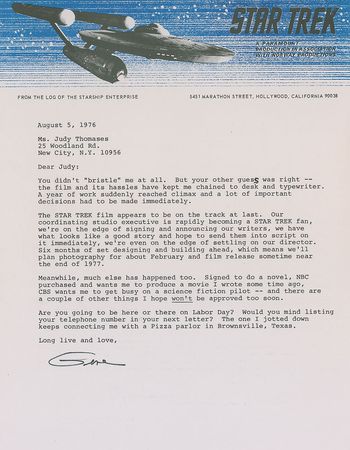 Lot #825 Star Trek: Gene Roddenberry: ?The Star Trek film appears to be on the track at last? - Image 1