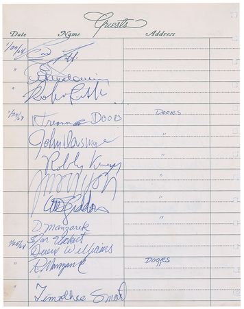 Lot #643 The Doors: The Doors’ sign-in sheet for a 1968 Waiting for the Sun recording session - Image 1