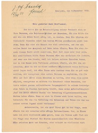 Lot #194 Sigmund Freud: An impassioned plea for psychoanalysis??for the help that I need as much as my daily bread? - Image 1