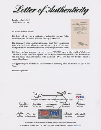 Lot #351 Robert Anderson Signed Document - Image 2