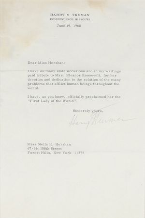 Lot #60 Harry S. Truman: Truman proclaims Eleanor Roosevelt ?First Lady of the World? - Image 2
