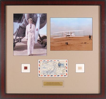 Lot #369 Orville Wright and Amelia Earhart: Amazing multi-signed airmail cover and fabric from the planes of Wright and Earhart - Image 1