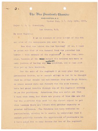 Lot #44 Theodore Roosevelt: “We cannot afford to let it be thought that we either shield bad men because they are Rough Riders or press second rate men forward for the same reason” - Image 1