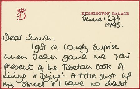 Lot #224 Princess Diana: “I got a lovely surprise when Jean gave me your present of The Tibetan Book of Living & Dying” - Image 1