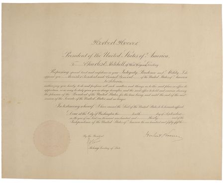 Lot #47 Herbert Hoover: Scarce presidential appointment of the ?Minister Resident and Consul General of the United States of America to Liberia? - Image 1