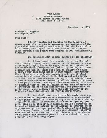 Lot #830 Cole Porter: Donating his papers to the Library of Congress - Image 1