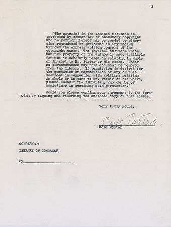 Lot #830 Cole Porter: Donating his papers to the Library of Congress - Image 2