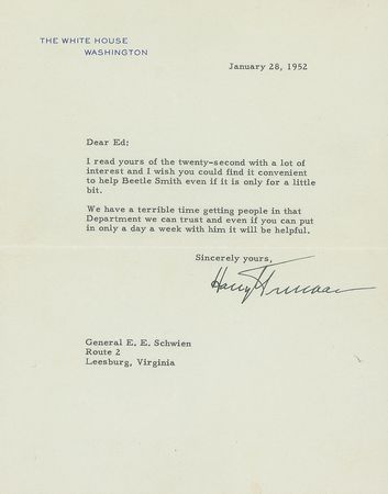 Lot #59 Harry S. Truman: Remarkable presidential letter on the Cold War CIA: ?We have a terrible time getting people in that Department we can trust? - Image 1