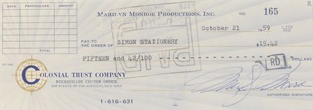 Lot #874 Marilyn Monroe: Marilyn business check signed while working on Let’s Make Love - Image 2