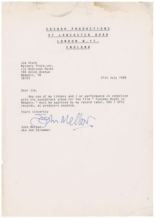 Lot #767 The Clash: Joe Strummer: Rare Casbah Productions document signed by “John Mellor” - Image 1