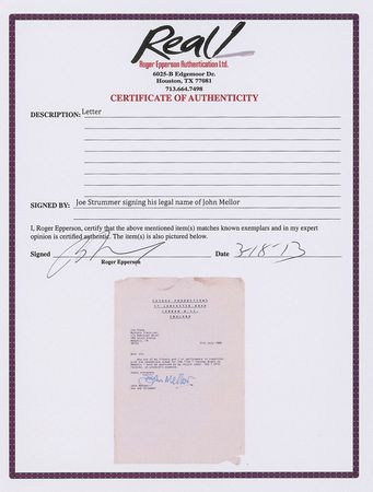 Lot #767 The Clash: Joe Strummer: Rare Casbah Productions document signed by “John Mellor” - Image 2