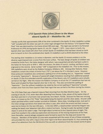 Lot #389 Apollo 15: Apollo 15 Robbins medal made from the storied ?1715 Spanish Plate Fleet? silver - Image 3