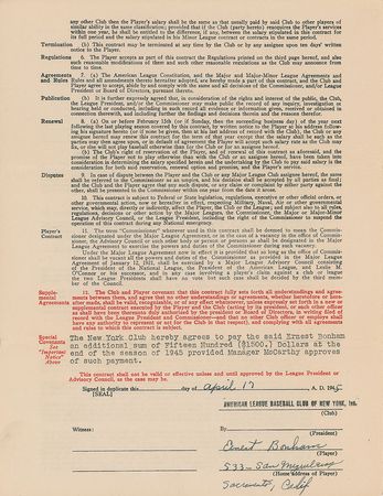 Lot #947 Ernie Bonham Signed Document - Image 2