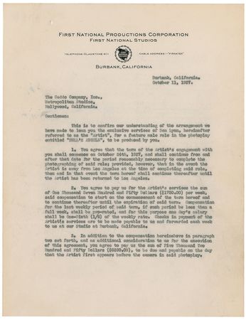 Lot #177 Howard Hughes: 1927 contract for the ?feature male role in the photoplay entitled ?Hell?s Angels?? - Image 1