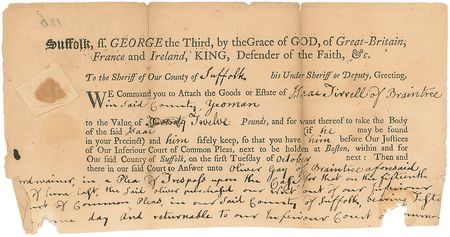 Lot #4 John Adams: Crisply endorsed 1761 trespassing lawsuit - Image 2