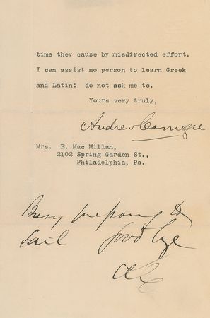 Lot #137 Andrew Carnegie: “College Professors are of less use than almost any other class of men” - Image 2