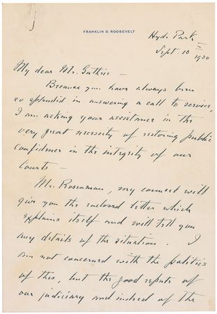Lot #49 Franklin D. Roosevelt: “I am asking your assistance in the very great necessity of restoring public confidence in the integrity of our Courts” - Image 1