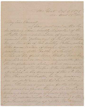 Lot #310 P. G. T. Beauregard: ?This is the first time that I have heard you blamed or rendered responsible for the unfortunate delay which occurred in the march of the troops to the battlefield of Shiloh? - Image 1
