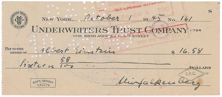 Lot #160 Albert Einstein: Rare 1945 check endorsed in full - Image 2