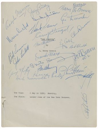 Lot #951 Ty Cobb, Groucho Marx, and Others: Set in the Yankees locker room, a script signed by Cobb, Marx, and Stengel - Image 1