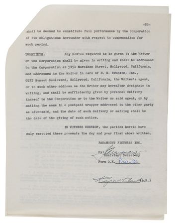 Lot #629 Raymond Chandler: Chandler?s Paramount contracts?where he wrote Double Indemnity and The Blue Dahlia - Image 1