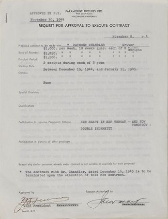 Lot #629 Raymond Chandler: Chandler?s Paramount contracts?where he wrote Double Indemnity and The Blue Dahlia - Image 2